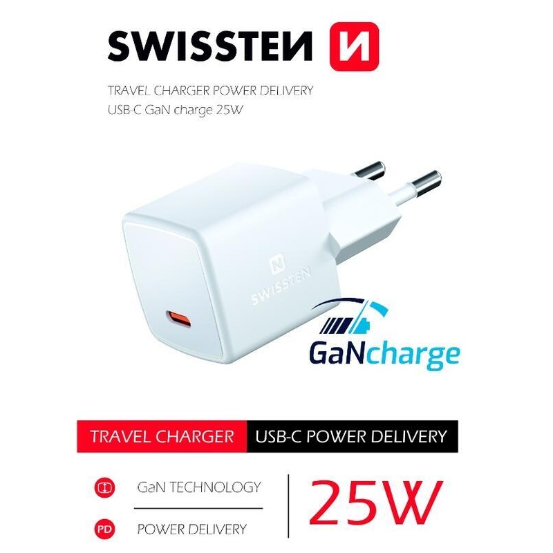 Swissten GaN USB-C 25W mini hálózati adapter - fehér