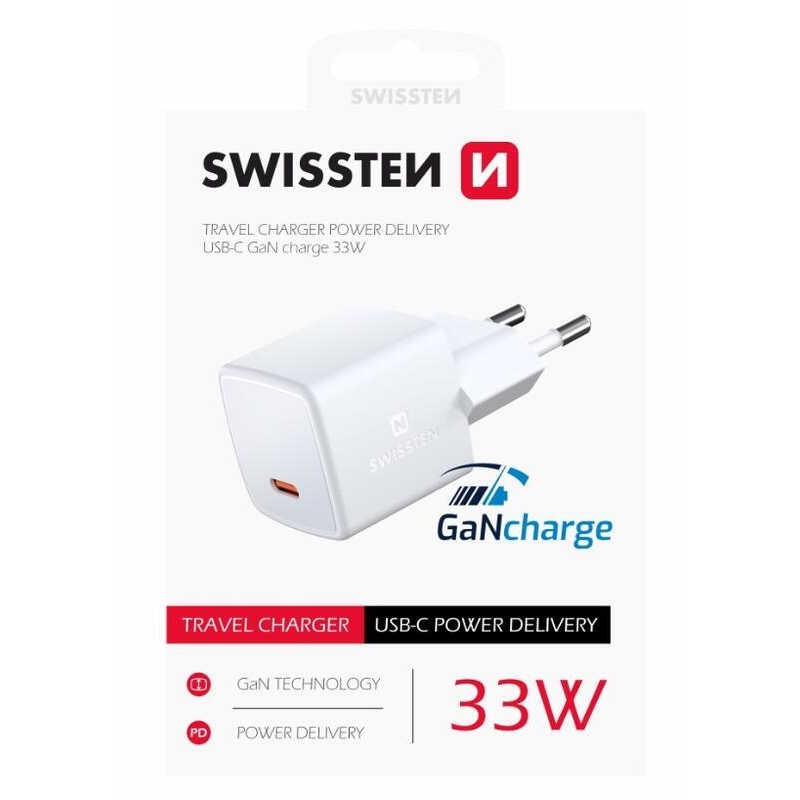Swissten GaN USB-C 33W-os mini hálózati adapter - fehér