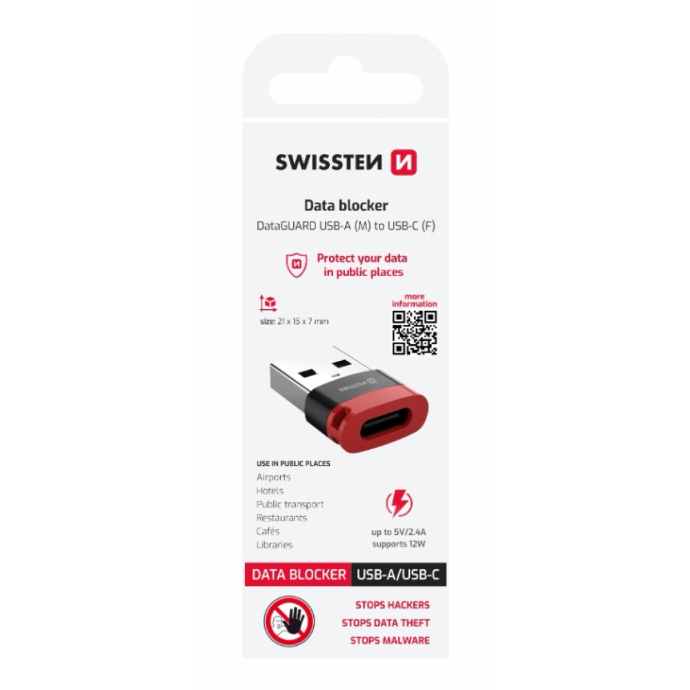 SWISSTEN DataGUARD USB-A (férfi)/USB-C (női) töltőadapter adatzárral - fekete színben