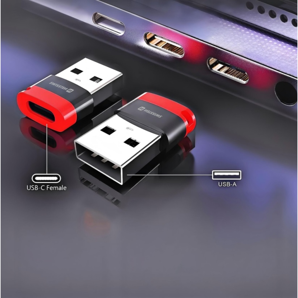 SWISSTEN DataGUARD USB-A (férfi)/USB-C (női) töltőadapter adatzárral - fekete színben