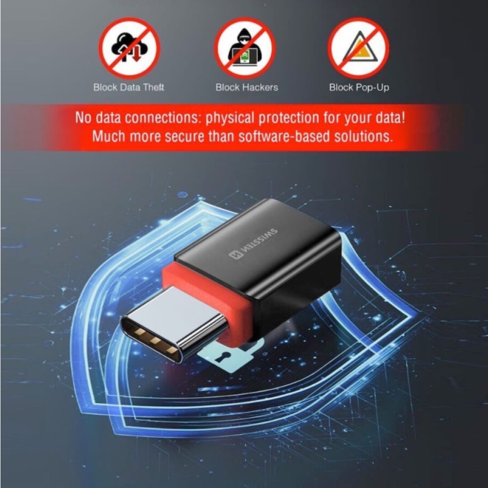 SWISSTEN DataGUARD USB-C (hím)/USB-C (női) töltőadapter adatzárral - fekete színben