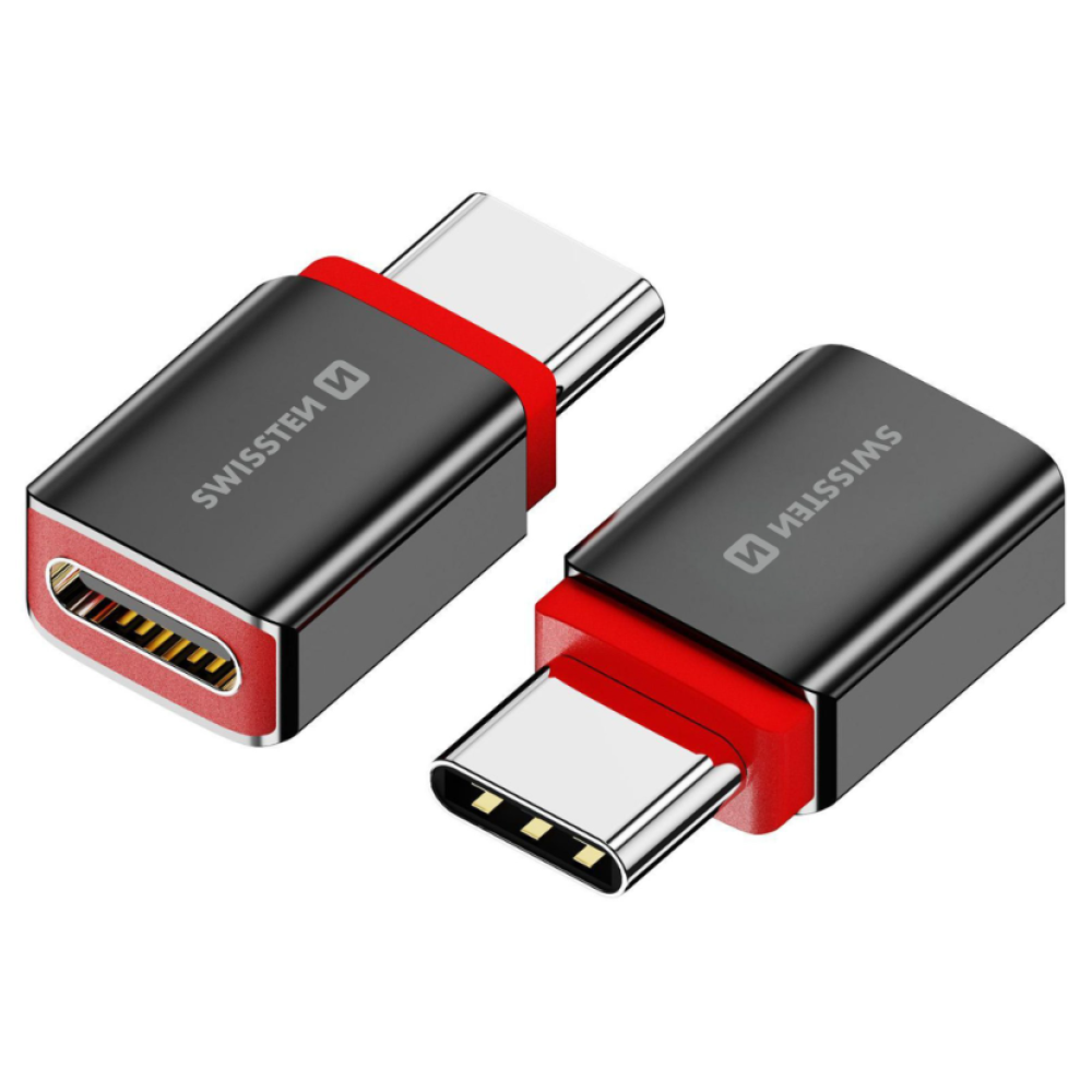 SWISSTEN DataGUARD USB-C (hím)/USB-C (női) töltőadapter adatzárral - fekete színben