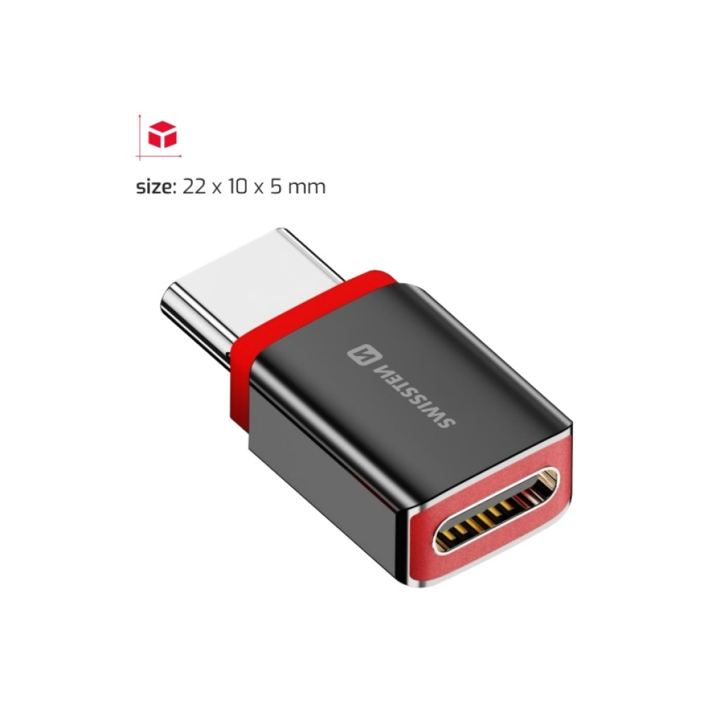 SWISSTEN DataGUARD USB-C (hím)/USB-C (női) töltőadapter adatzárral - fekete színben