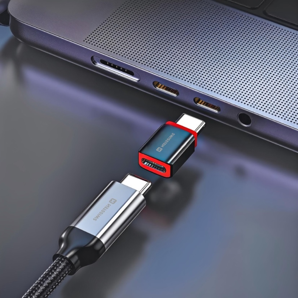 SWISSTEN DataGUARD USB-C (hím)/USB-C (női) töltőadapter adatzárral - fekete színben