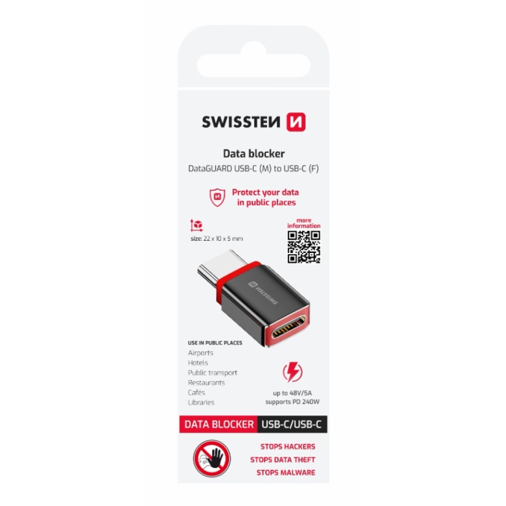 SWISSTEN DataGUARD USB-C (hím)/USB-C (női) töltőadapter adatzárral - fekete színben