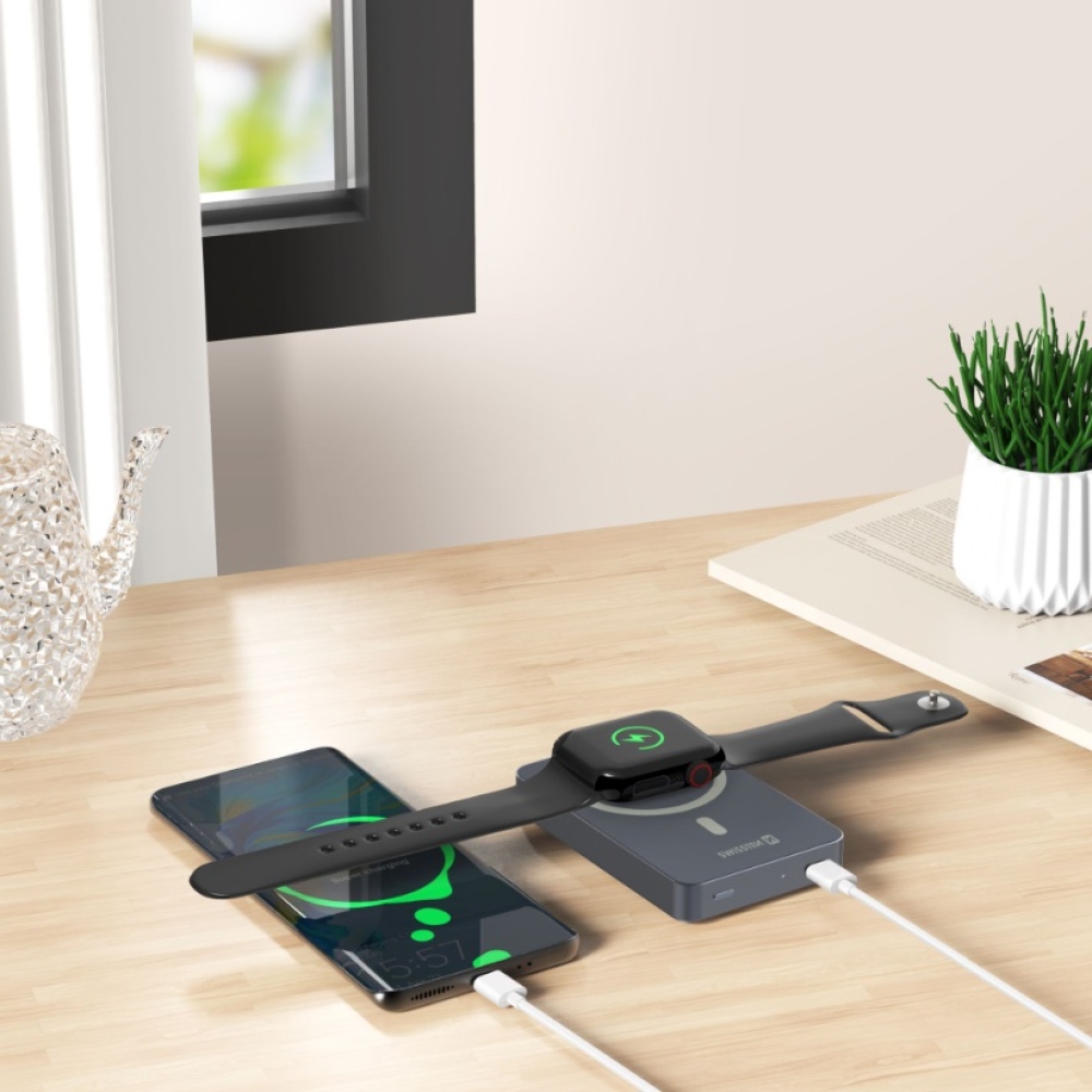 Swissten Powerbank Fusion 10000 mAh Apple Watch-töltéssel (MagSafe-kompatibilis) – ezüst