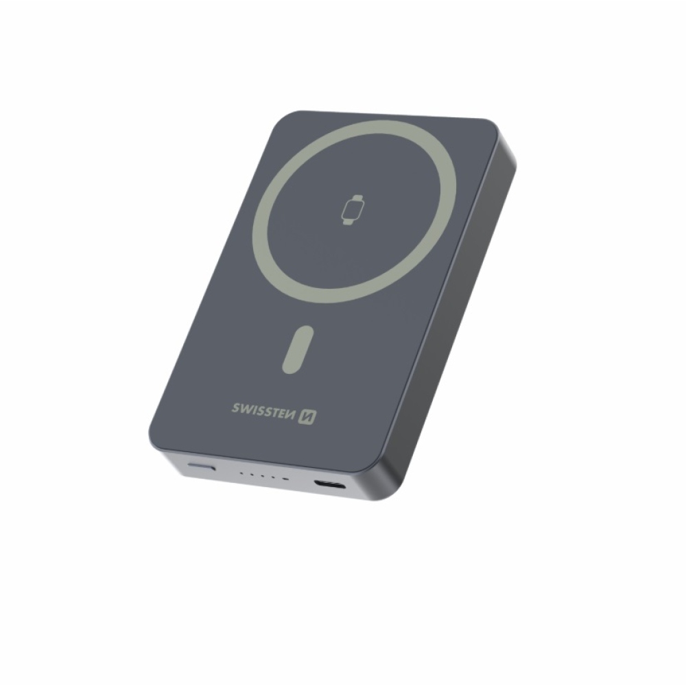 Swissten Powerbank Fusion 10000 mAh Apple Watch-töltéssel (MagSafe-kompatibilis) – ezüst