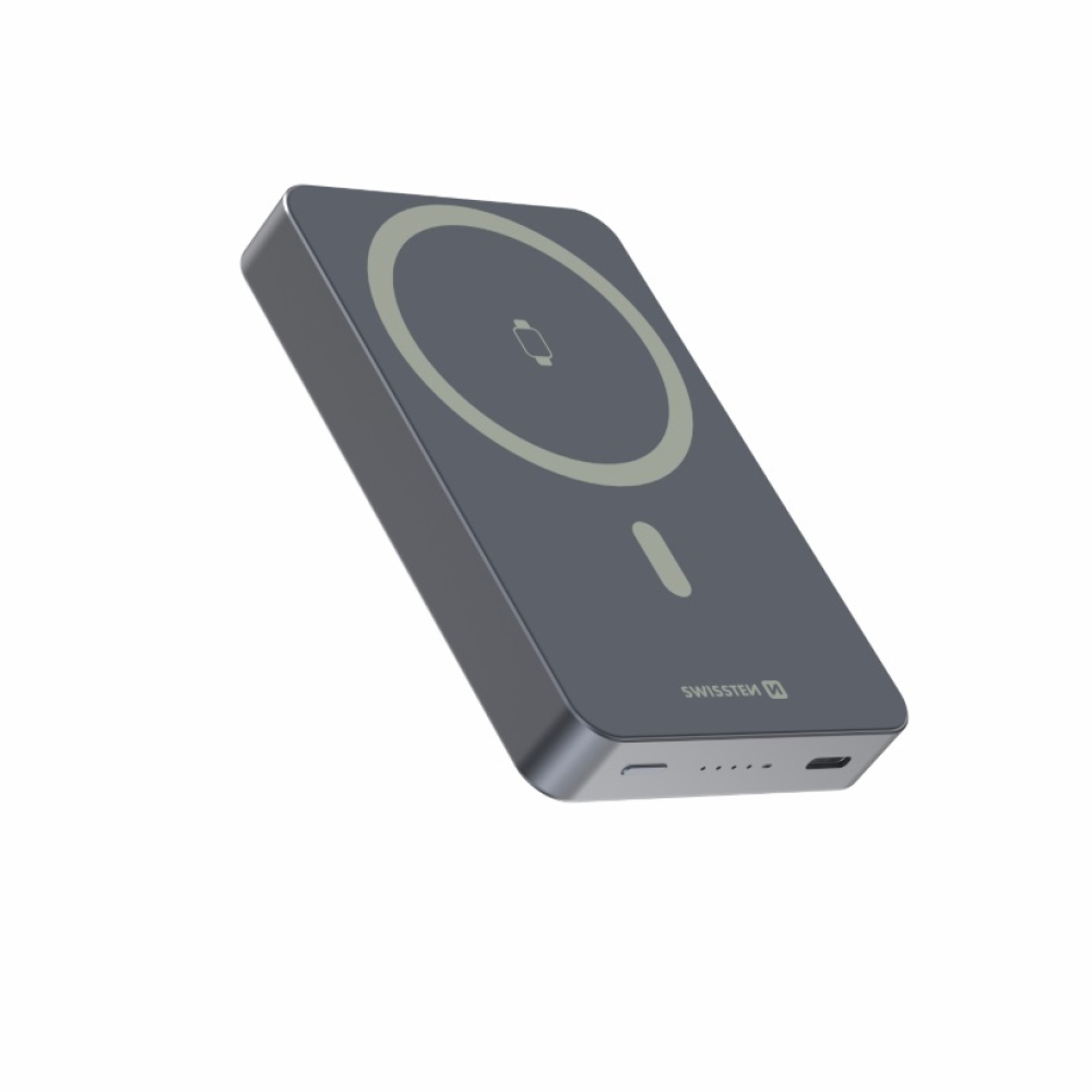 Swissten Powerbank Fusion 10000 mAh Apple Watch-töltéssel (MagSafe-kompatibilis) – ezüst
