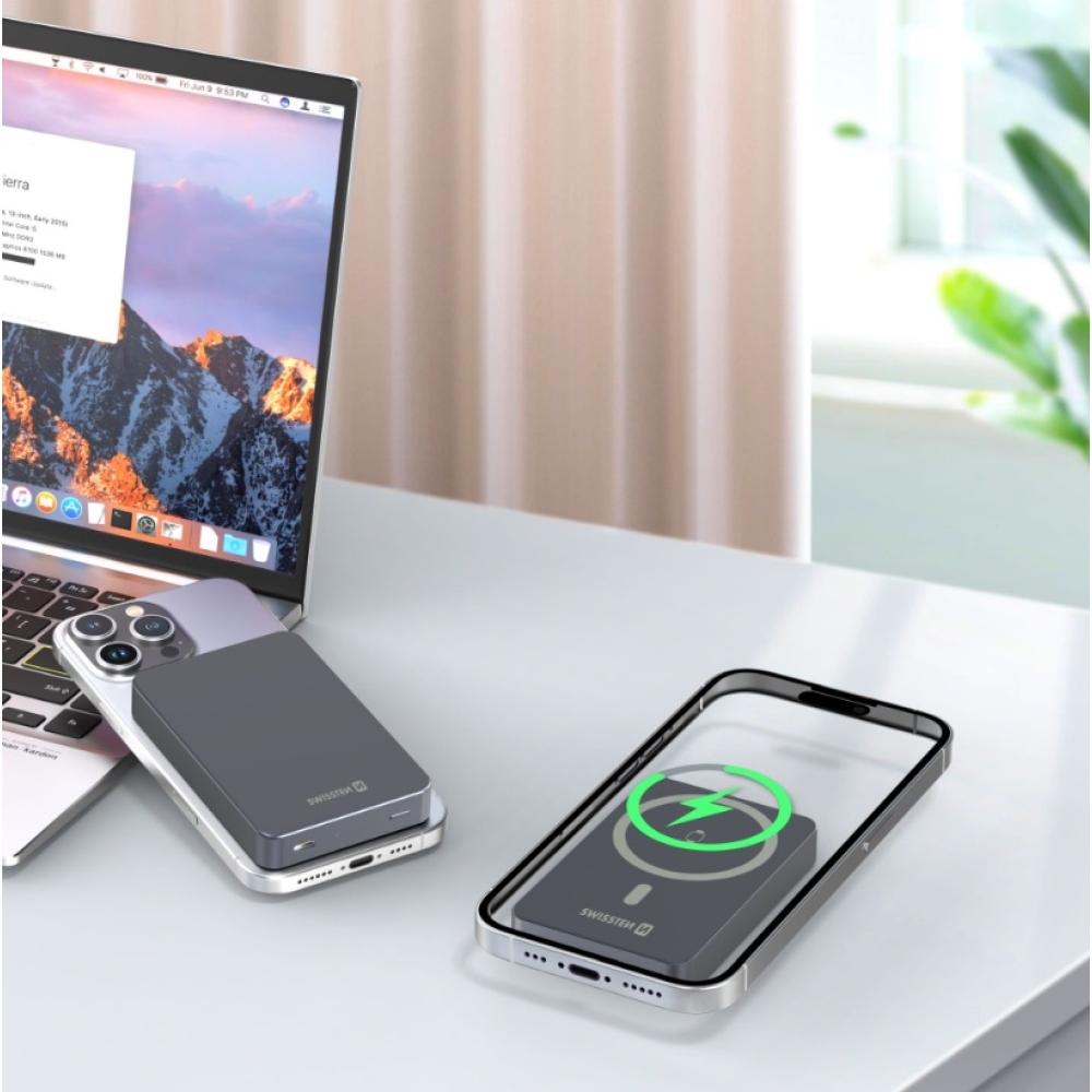 Swissten Powerbank Fusion 10000 mAh Apple Watch-töltéssel (MagSafe-kompatibilis) – ezüst
