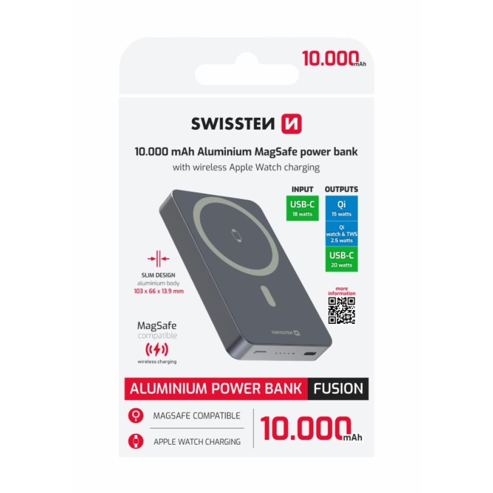 Swissten Powerbank Fusion 10000 mAh Apple Watch-töltéssel (MagSafe-kompatibilis) – ezüst