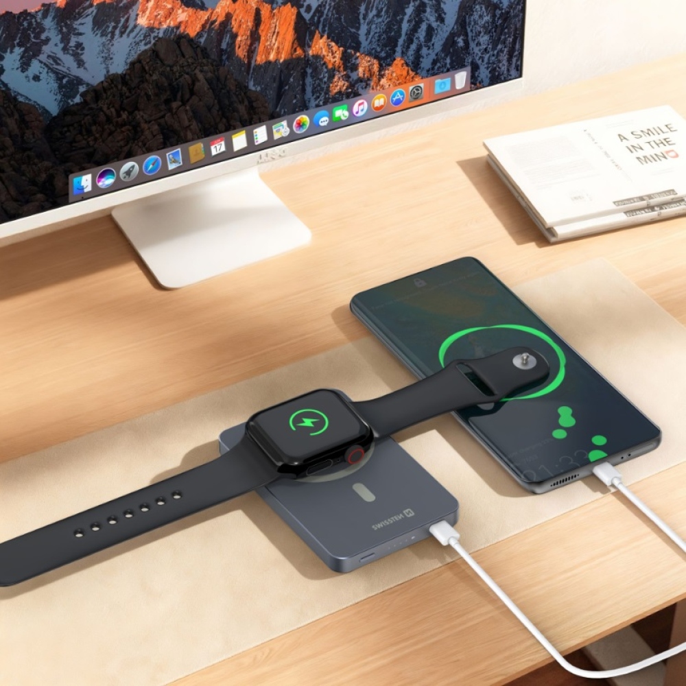 Swissten Powerbank Fusion 5000 mAh Apple Watch-töltéssel (MagSafe-kompatibilis) – ezüst