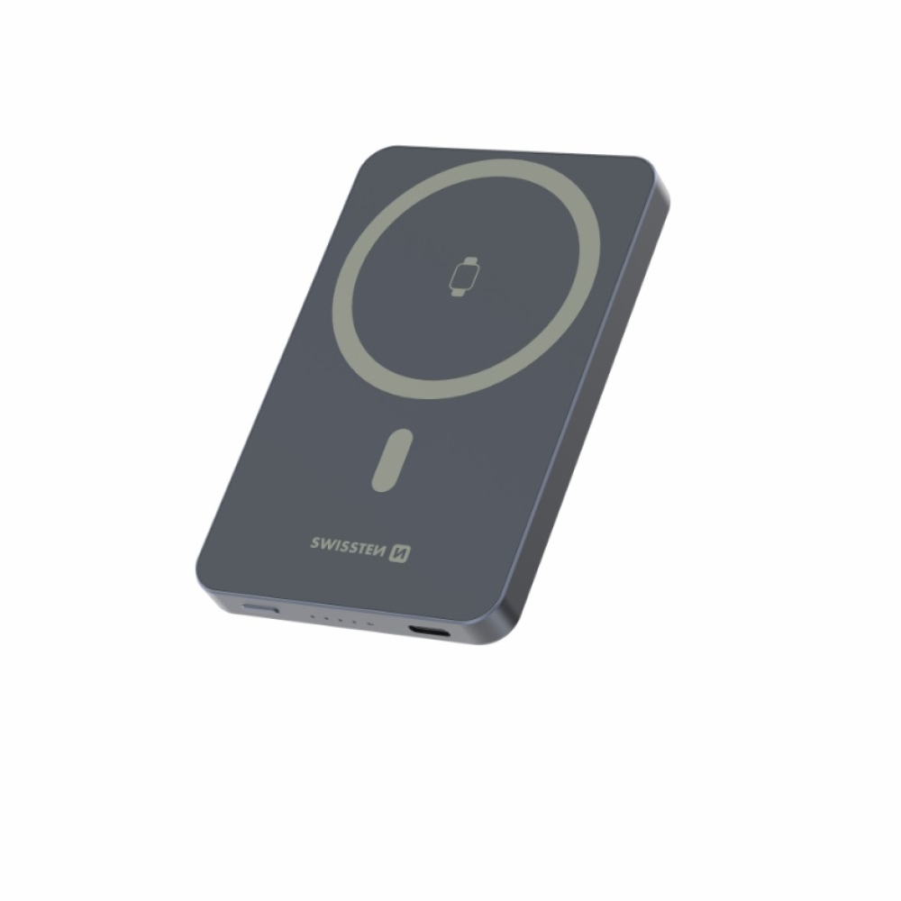 Swissten Powerbank Fusion 5000 mAh Apple Watch-töltéssel (MagSafe-kompatibilis) – ezüst