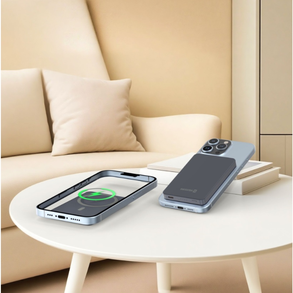 Swissten Powerbank Fusion 5000 mAh Apple Watch-töltéssel (MagSafe-kompatibilis) – ezüst