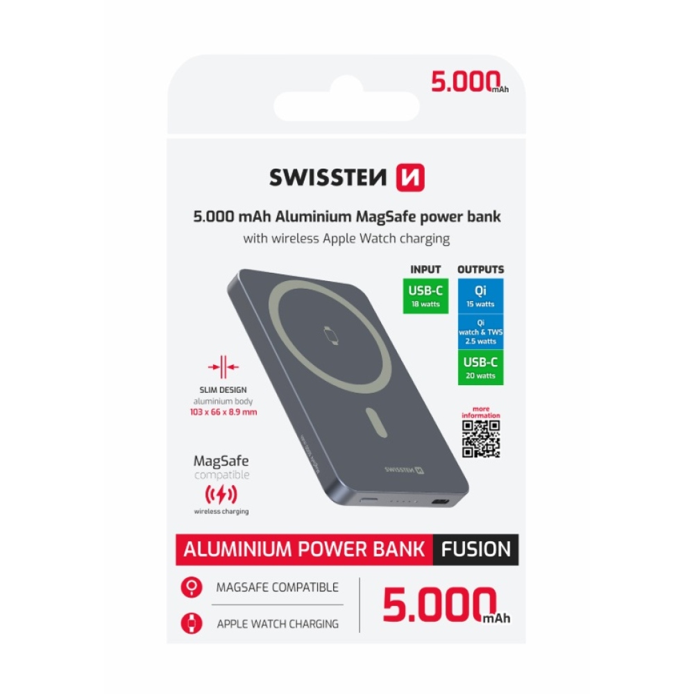 Swissten Powerbank Fusion 5000 mAh Apple Watch-töltéssel (MagSafe-kompatibilis) – ezüst