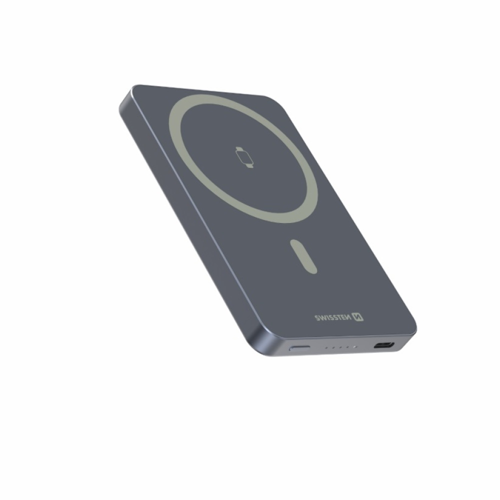 Swissten Powerbank Fusion 5000 mAh Apple Watch-töltéssel (MagSafe-kompatibilis) – ezüst