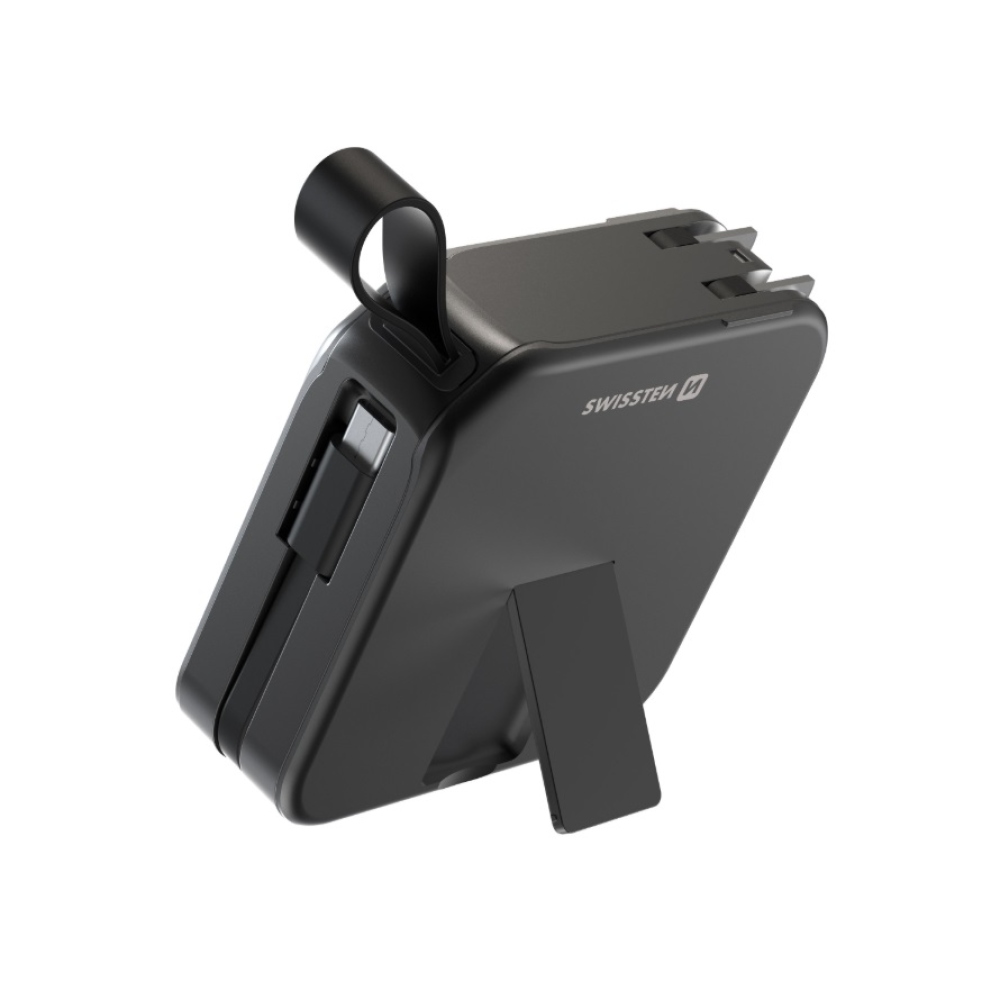Swissten Powerbank All-in-one Pro cserélhető villákkal (USA, EU, UK) 10000 mAh 20 W - fekete