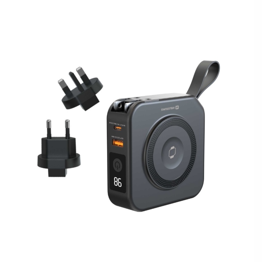 Swissten Powerbank All-in-one Pro cserélhető villákkal (USA, EU, UK) 10000 mAh 20 W - fekete