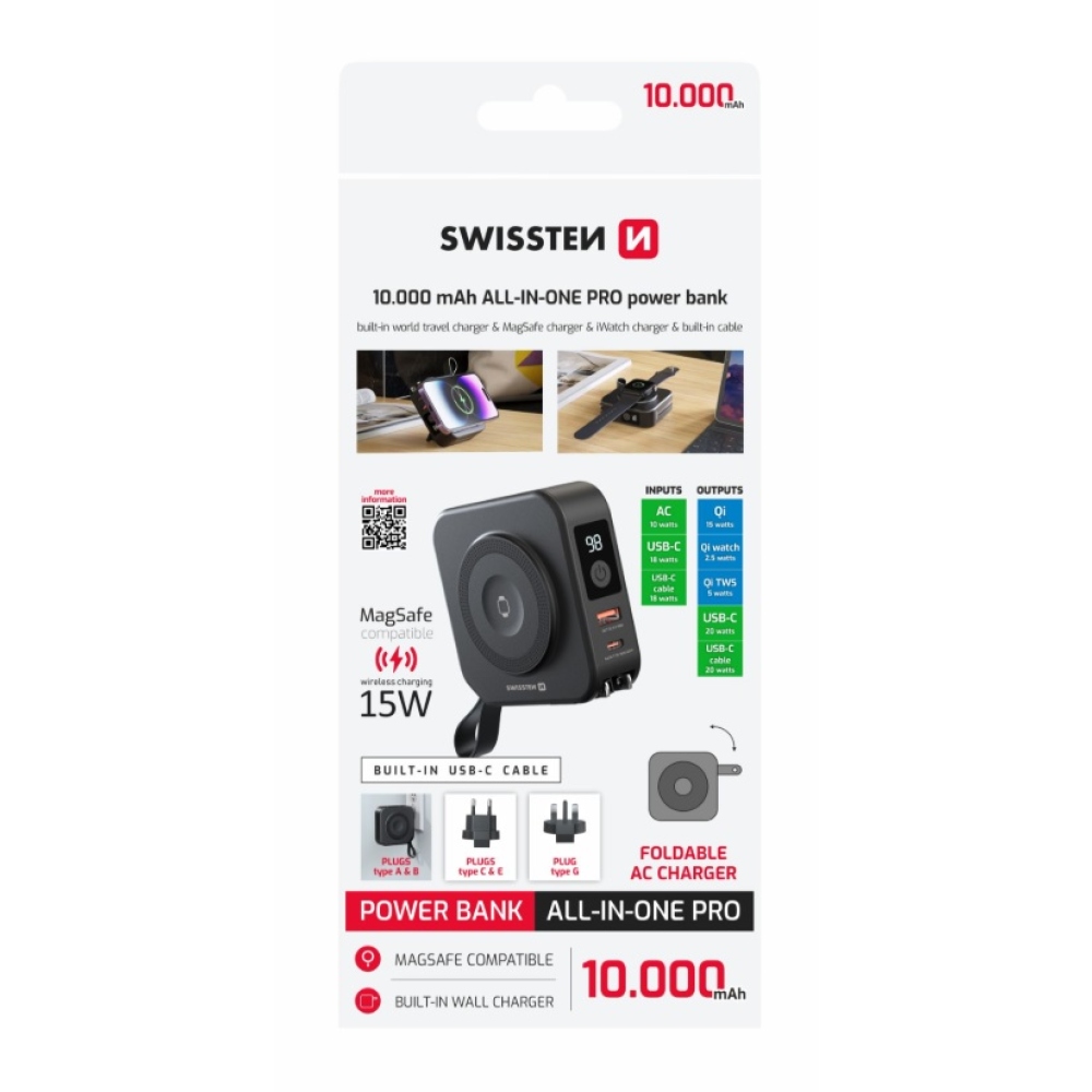 Swissten Powerbank All-in-one Pro cserélhető villákkal (USA, EU, UK) 10000 mAh 20 W - fekete