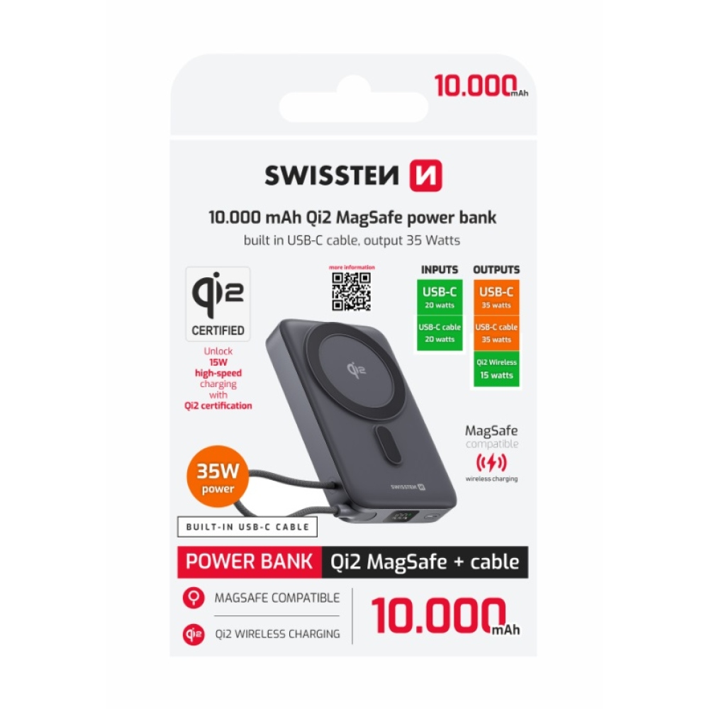 Swissten Powerbank MagSafe Qi2 15 W, 10000 mAh beépített USB-C kábellel - fekete