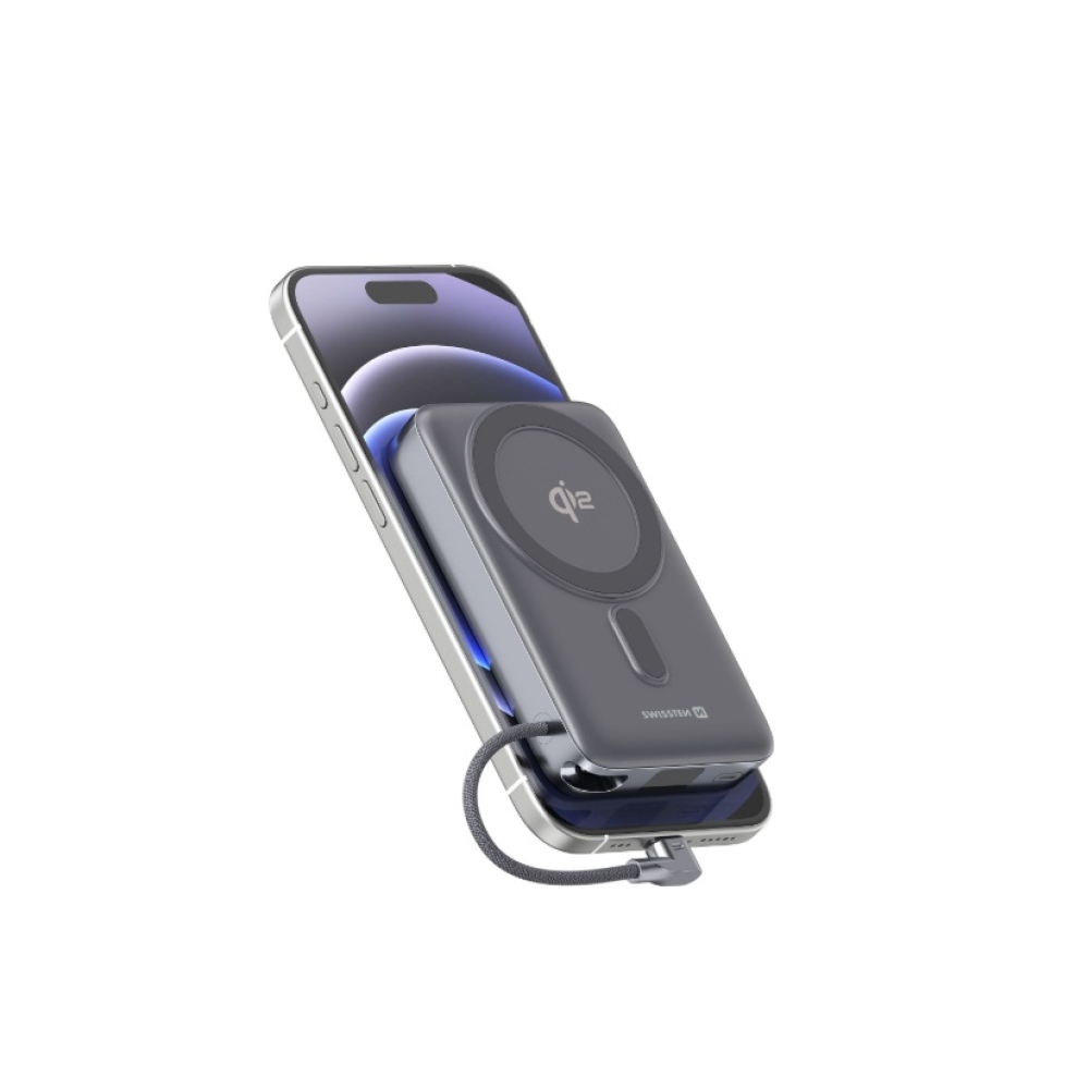 Swissten Powerbank MagSafe Qi2 15 W, 10000 mAh beépített USB-C kábellel - fekete