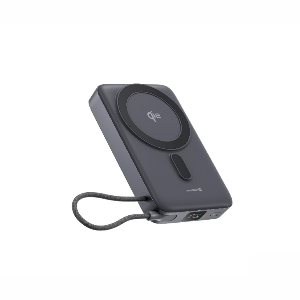 Swissten Powerbank MagSafe Qi2 15 W, 10000 mAh beépített USB-C kábellel - fekete