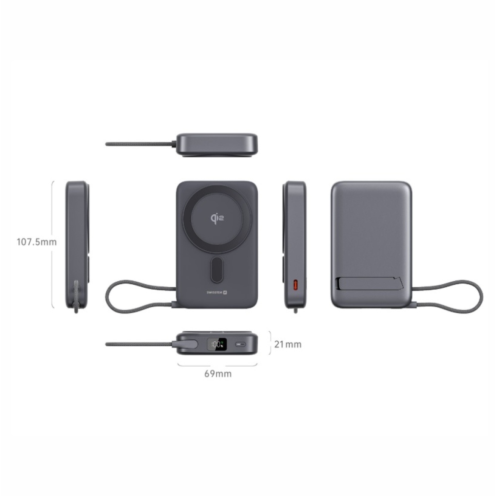 Swissten Powerbank MagSafe Qi2 15 W, 10000 mAh beépített USB-C kábellel - fekete