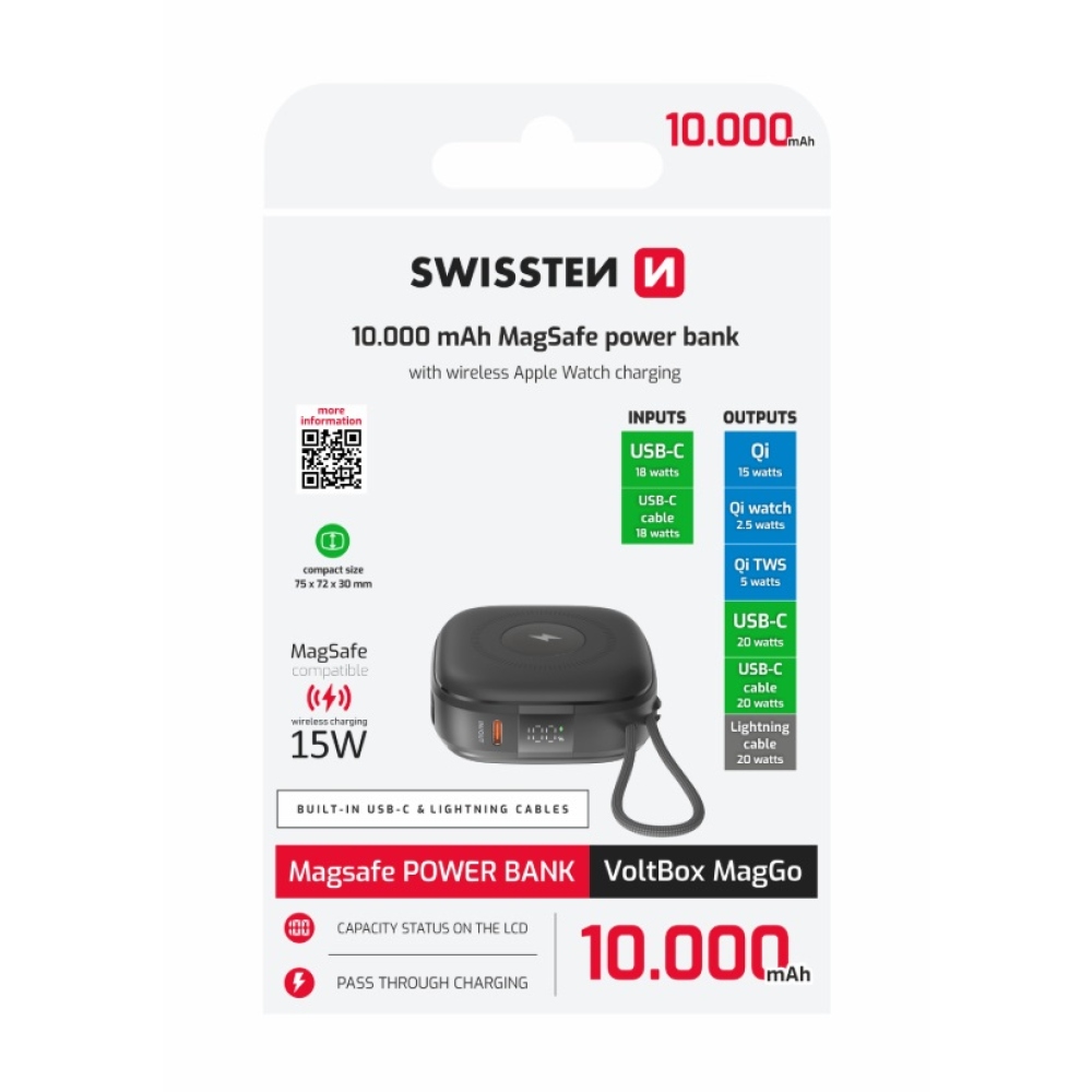 Swissten powerbank Voltbox MagGo 10 000 mAh integrált kábelekkel + MagSafe + Applewatch