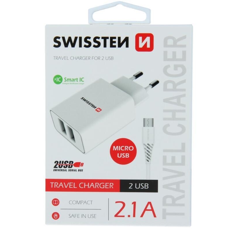 Swissten hálózati adapter, 2x USB, 2.1A + micro USB kábel 1.2m - fehér