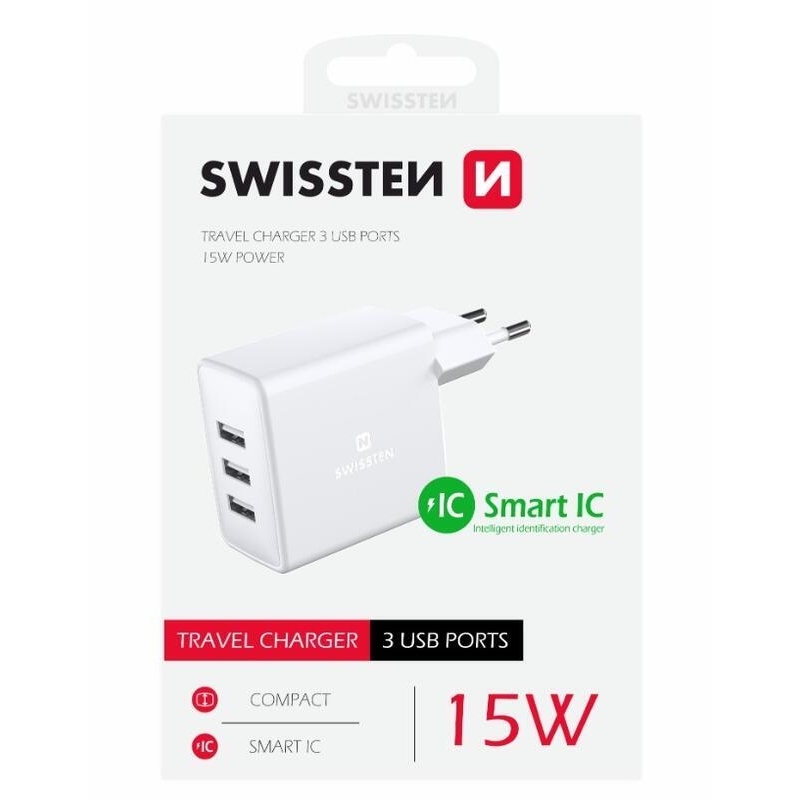 Swissten hálózati adapter 3x USB, 3A, 15W - fehér