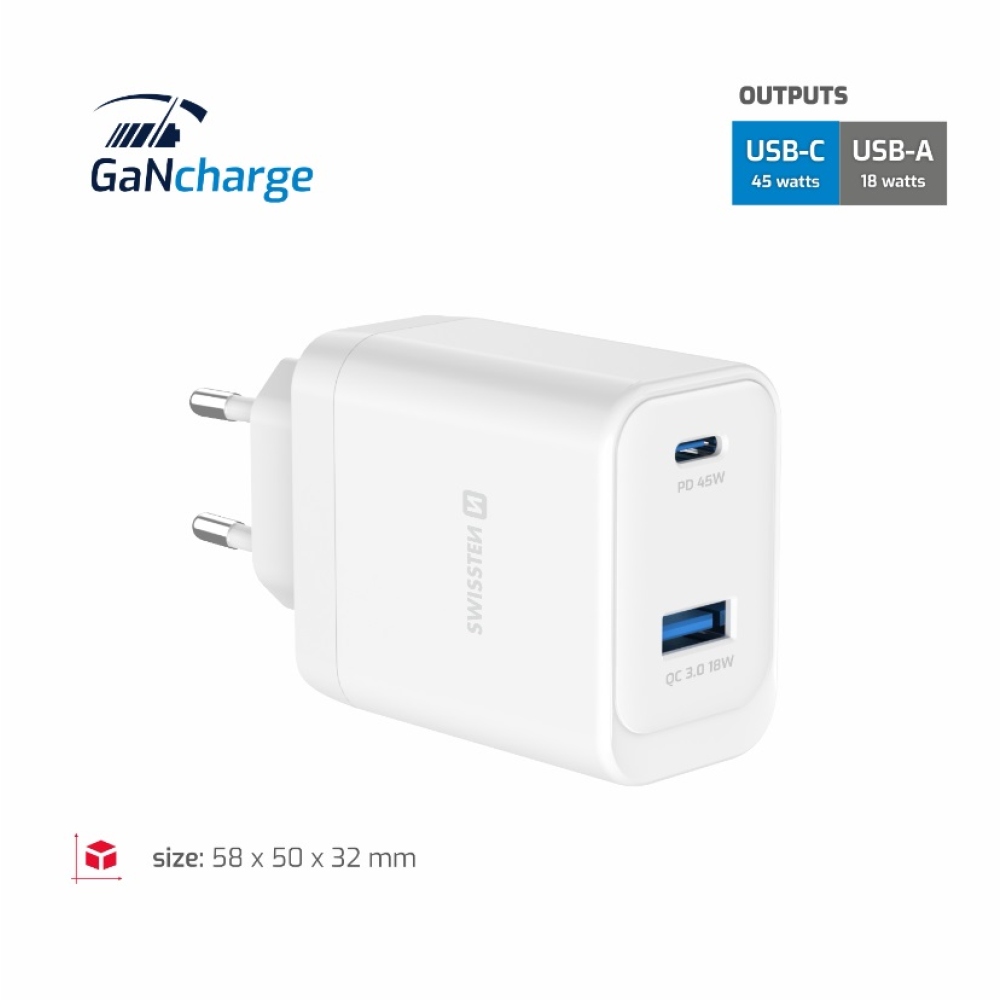 SWISSTEN core GaN hálózati adapter 1x USB-C 45W PD + 1x USB-A 18W QC - fehér