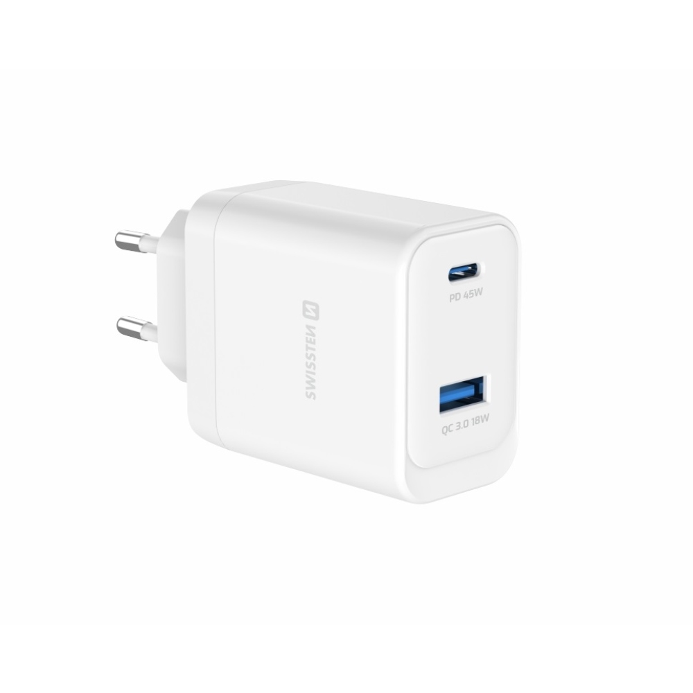 SWISSTEN core GaN hálózati adapter 1x USB-C 45W PD + 1x USB-A 18W QC - fehér