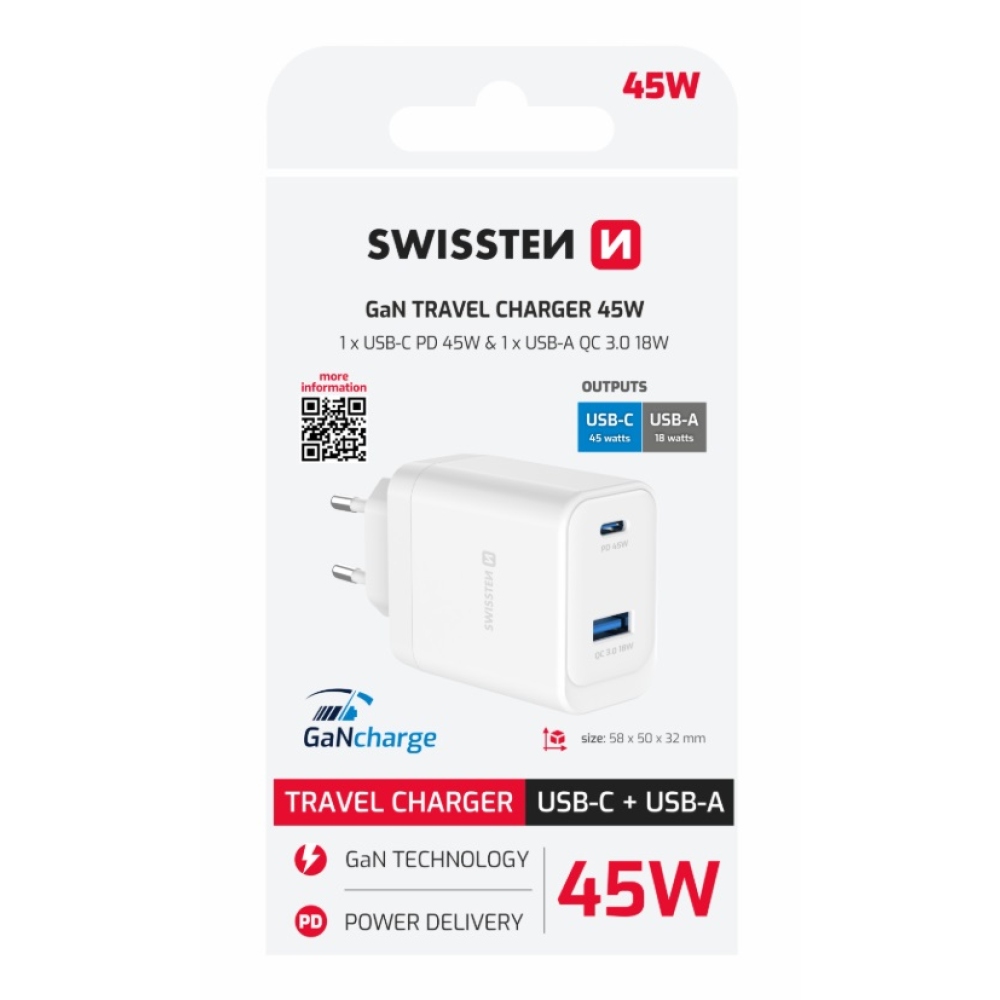 SWISSTEN core GaN hálózati adapter 1x USB-C 45W PD + 1x USB-A 18W QC - fehér