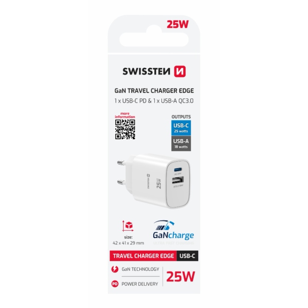 SWISSTEN hálózati adapter szélső 1x USB-C PD 25W + 1x USB-A 18W QC - fehér