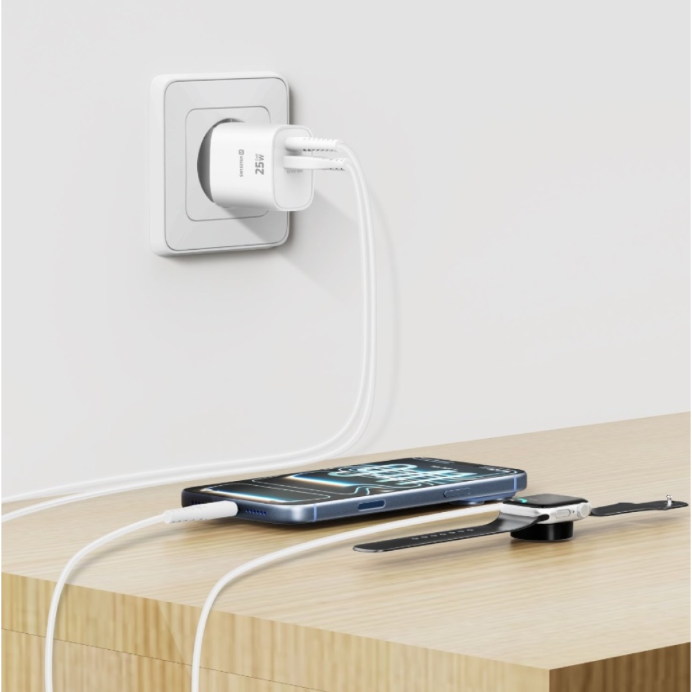 SWISSTEN hálózati adapter szélső 1x USB-C PD 25W + 1x USB-A 18W QC - fehér