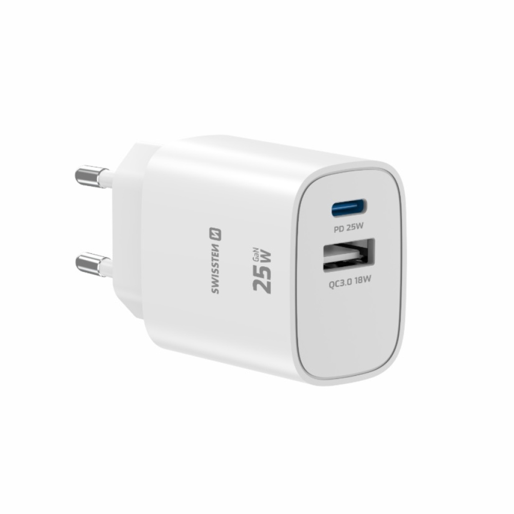 SWISSTEN hálózati adapter szélső 1x USB-C PD 25W + 1x USB-A 18W QC - fehér
