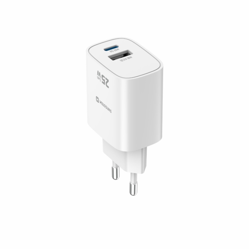 SWISSTEN hálózati adapter szélső 1x USB-C PD 25W + 1x USB-A 18W QC - fehér
