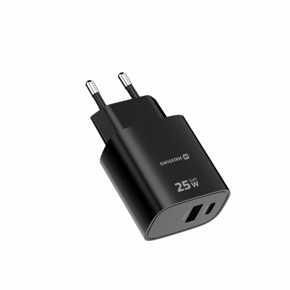 SWISSTEN hálózati adapter szélső 1x USB-C PD 25W + 1x USB-A 18W QC - fekete
