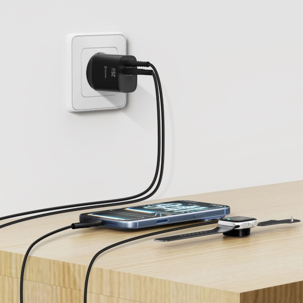 SWISSTEN hálózati adapter szélső 1x USB-C PD 25W + 1x USB-A 18W QC - fekete