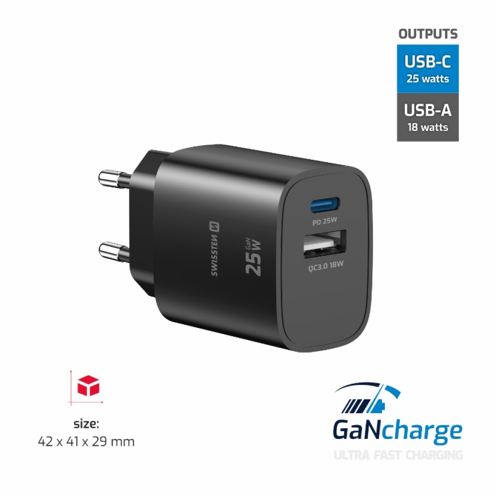 SWISSTEN hálózati adapter szélső 1x USB-C PD 25W + 1x USB-A 18W QC - fekete