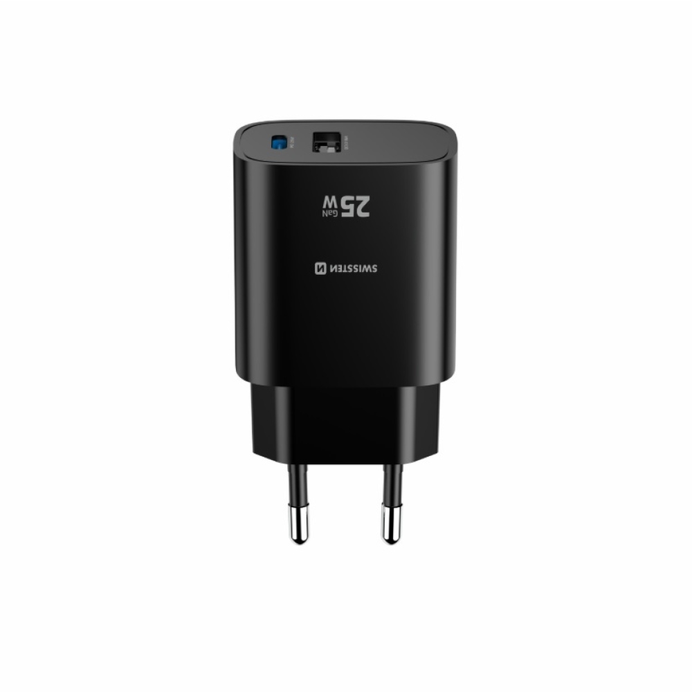 SWISSTEN hálózati adapter szélső 1x USB-C PD 25W + 1x USB-A 18W QC - fekete