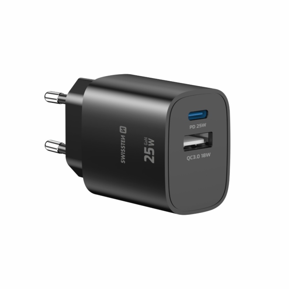 SWISSTEN hálózati adapter szélső 1x USB-C PD 25W + 1x USB-A 18W QC - fekete
