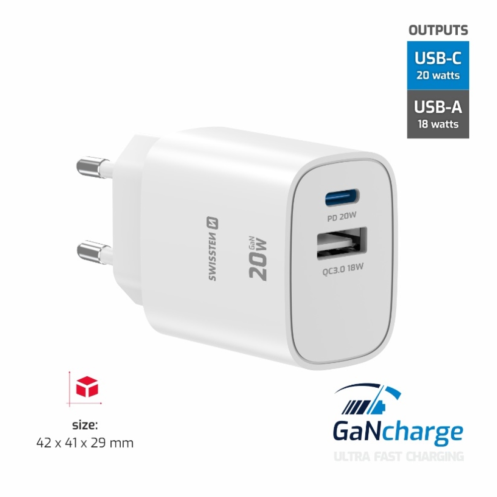 SWISSTEN edge GaN hálózati adapter 1x USB-C PD 20W + 1x USB-A 18W QC - fehér