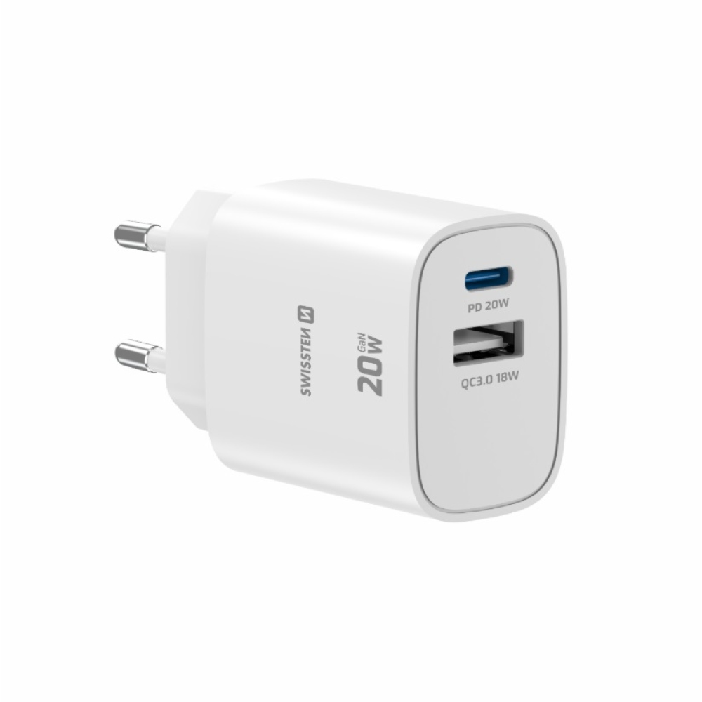 SWISSTEN edge GaN hálózati adapter 1x USB-C PD 20W + 1x USB-A 18W QC - fehér