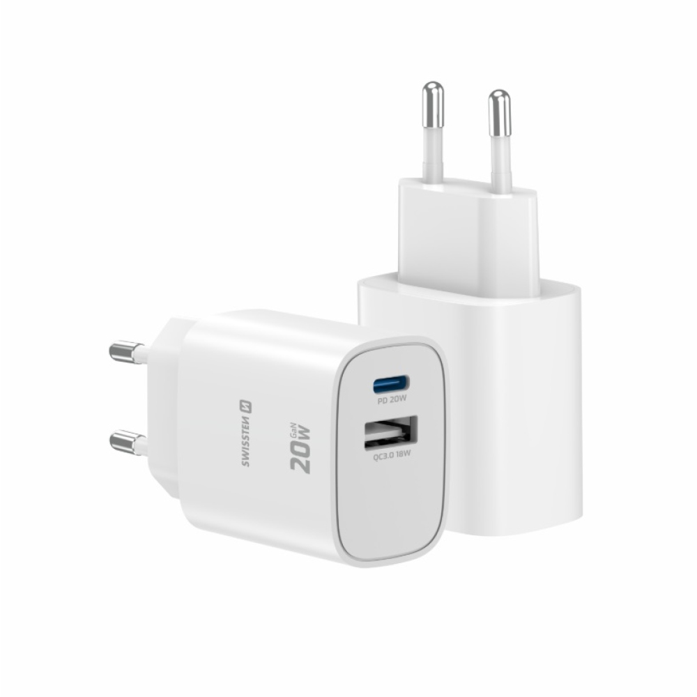 SWISSTEN edge GaN hálózati adapter 1x USB-C PD 20W + 1x USB-A 18W QC - fehér