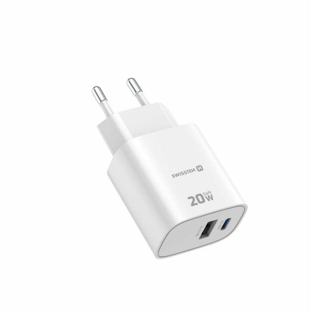 SWISSTEN edge GaN hálózati adapter 1x USB-C PD 20W + 1x USB-A 18W QC - fehér