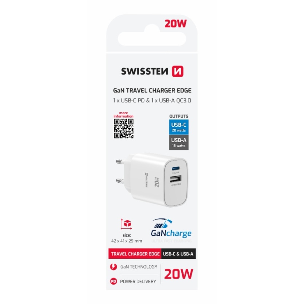 SWISSTEN edge GaN hálózati adapter 1x USB-C PD 20W + 1x USB-A 18W QC - fehér