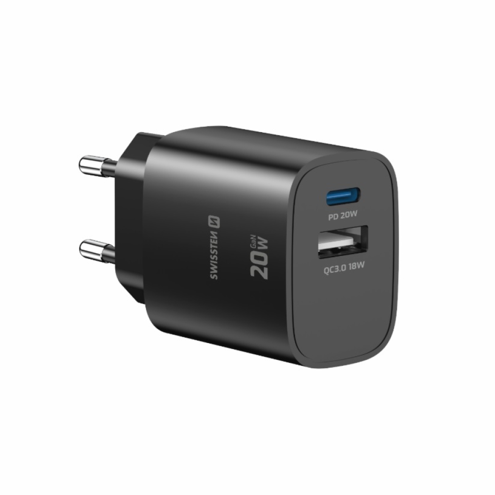 SWISSTEN edge GaN hálózati adapter 1x USB-C PD 20W + 1x USB-A 18W QC - fekete