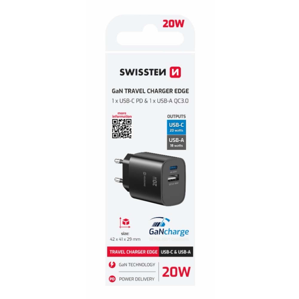 SWISSTEN edge GaN hálózati adapter 1x USB-C PD 20W + 1x USB-A 18W QC - fekete