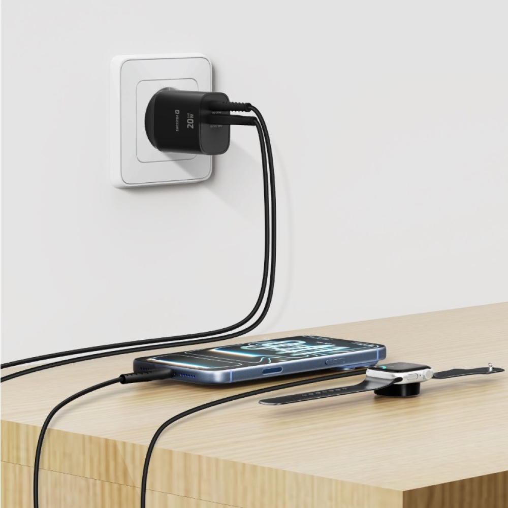 SWISSTEN edge GaN hálózati adapter 1x USB-C PD 20W + 1x USB-A 18W QC - fekete