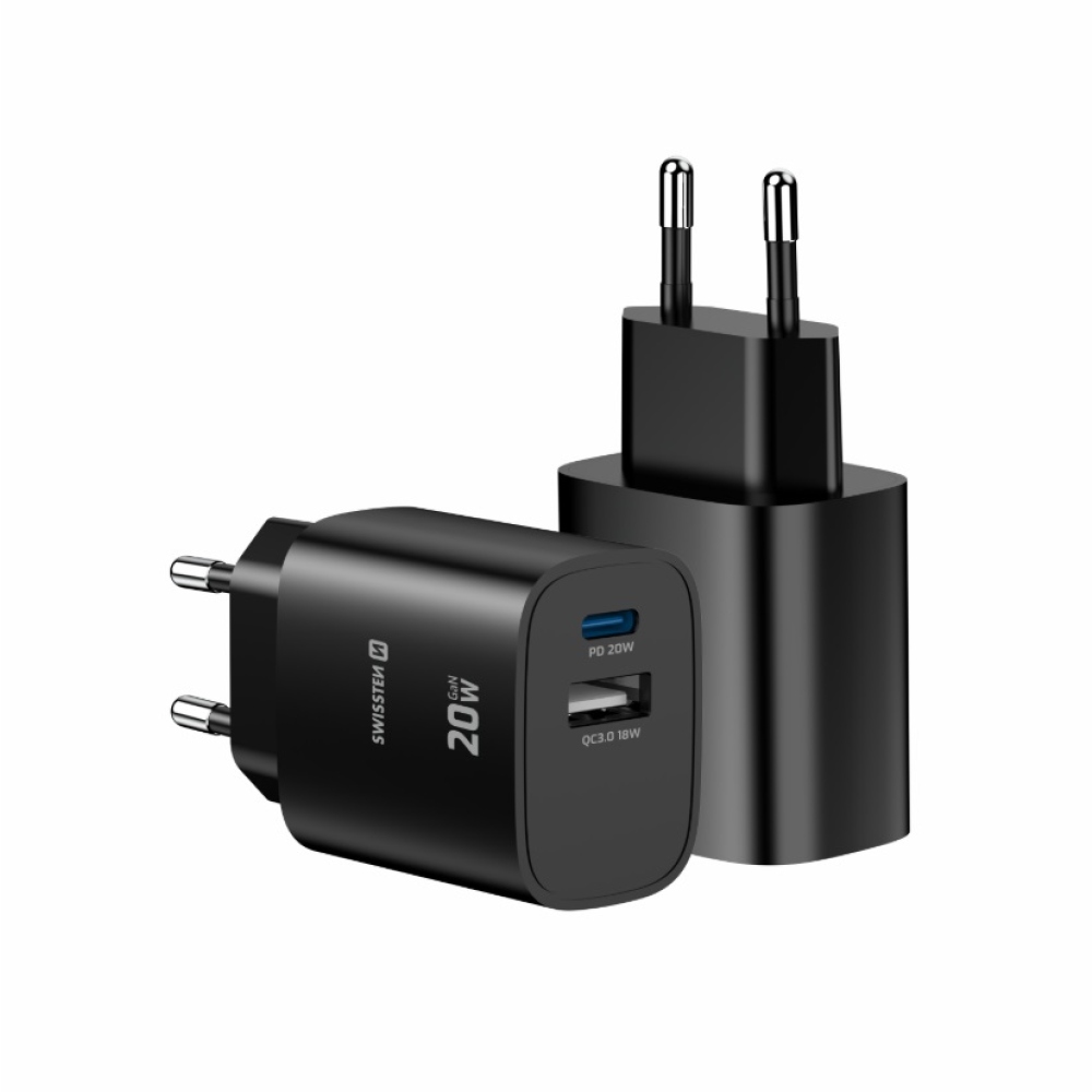 SWISSTEN edge GaN hálózati adapter 1x USB-C PD 20W + 1x USB-A 18W QC - fekete